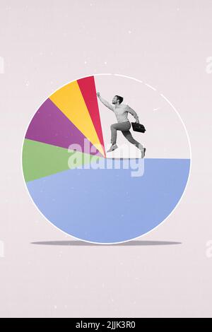 Magazine poster collage de financier Guy courir rapidement à l'intérieur de cercle graphique données de revenu augmenter isolé dessiner couleur arrière-plan Banque D'Images