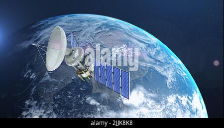 Image du satellite sur le globe tournant sur fond bleu Banque D'Images