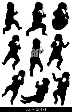 Illustration de silhouettes de bébé buvant à partir d'un biberon isolé sur blanc Banque D'Images