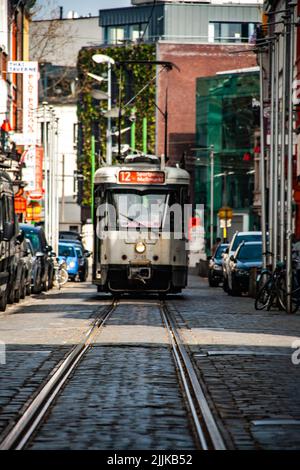 Un cliché vertical du tramway de Paris sur les rails au milieu de la route Banque D'Images