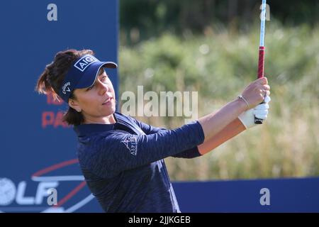 Irvine, Royaume-Uni. 27th juillet 2022. Un terrain international de 144 des meilleures femmes golfeurs au monde se trouve au parcours de golf Dundonald Links, près d'Irvine, Ayrshire, en Écosse, au Royaume-Uni, pour participer au concours de golf ouvert écossais Trust Women's. La compétition a un sac à main de $2 000 000 et le gagnant aura 300 000 $. Georgia Hall se trouve au 3rd. Crédit : Findlay/Alay Live News Banque D'Images