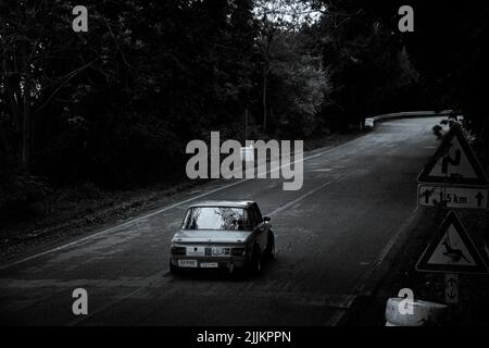 Une photo en niveaux de gris d'une BMW 2002 sur un vieux rallye de voitures de course Banque D'Images