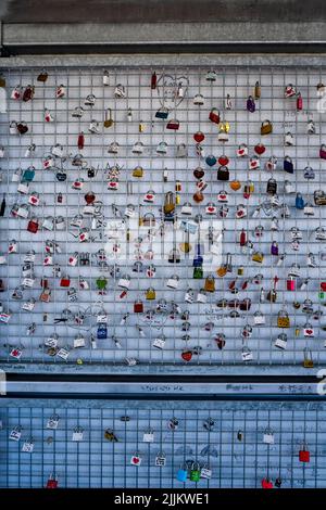 Un cliché vertical de serrures colorées sur le treillis Banque D'Images