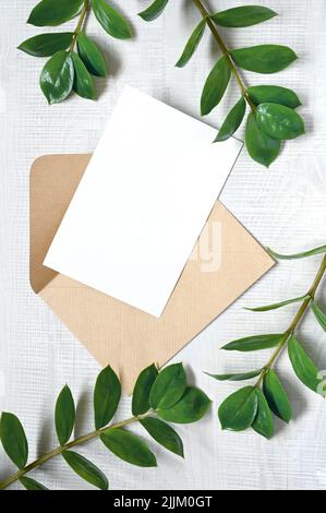 Carte maquette avec plantes. Carte d'invitation avec enveloppe sur fond blanc. Banque D'Images