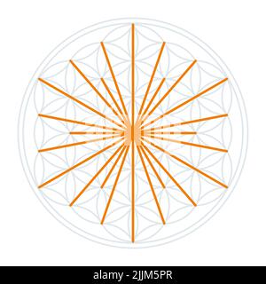 Symbole Soleil dans la fleur de la vie. Lignes orange symbolisant les rayons du soleil, dérivées des points d'intersection des cercles qui se chevauchent. Banque D'Images