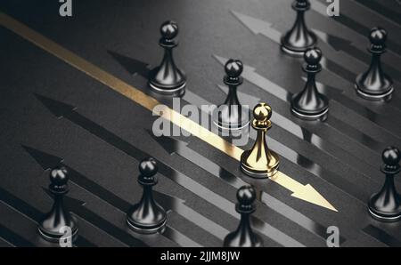 3d illustration de nombreux pions noirs allant dans la même direction et d'un doré allant de l'autre côté. Banque D'Images