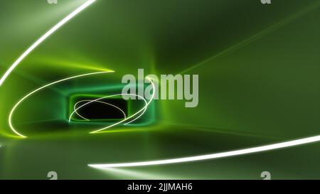 Le rendu 3D d'un fond de tunnel vert avec des lumières néon. Banque D'Images