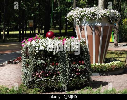 Fleurs dans les lits du parc et dans les pots suspendus dans les rues de la ville Banque D'Images