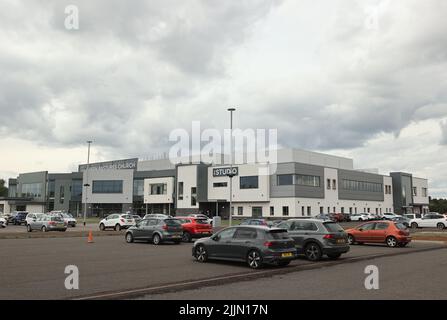 Une vue générale de l'église des pâturages verts, Ballymena, qui a tenu un service d'action de grâce pour le fondateur de Wrightbus, Sir William Wright. Banque D'Images