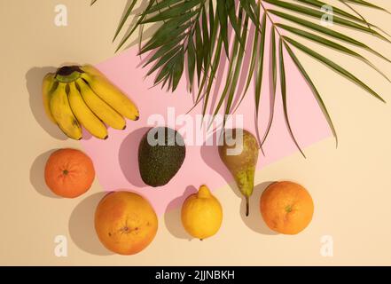 Un gros plan de la composition tropicale estivale avec des fruits frais biologiques et des feuilles de palmier Banque D'Images