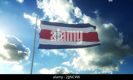 Drapeau du Costa Rica agitant au vent contre un beau ciel bleu. 3d illustration Banque D'Images