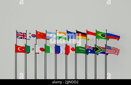 Drapeaux G20 adhésion , concept du sommet ou de la réunion de G20, G20 pays , Groupe des vingt membres isolés sur fond blanc, 3D illustration et Banque D'Images