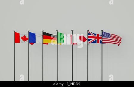 Drapeaux de G7 pays. Tous les drapeaux nationaux officiels de G7 Allemagne, Canada, France, Italie, Japon, Le Royaume-Uni, les États-Unis d'Amérique. 3D W Banque D'Images