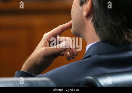 Austin, TEXAS, États-Unis. 26th juillet 2022. L'avocat d'Alex Jones, ANDINO REYNAL, siège après avoir fait sa déclaration d'ouverture au jury mardi, 26 juillet 2022, au palais de justice du comté de Travis. Jones a été trouvé pour avoir diffamé les parents d'un étudiant de Sandy Hook pour avoir appelé l'attaque un canular. (Image de crédit : © Sanchez via ZUMA Press Wire) Banque D'Images