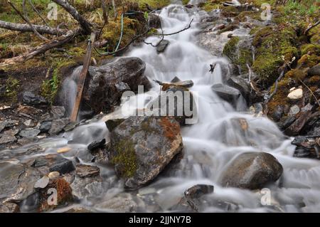 Une belle photo d'une cascade qui coule dans un grand chemin lapidé en Norvège Banque D'Images