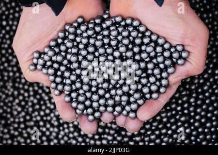 Vue de dessus de la récolte chasseur mâle méconnaissable avec un bouquet de petits granules de fusil de chasse pour la chasse Banque D'Images