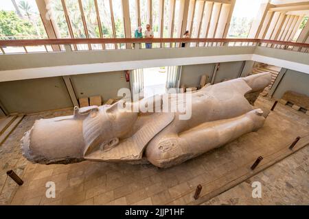 Memphis Egypt; 26 juillet 2022 - Une statue monumentale de Ramses II sculptée dans le calcaire et mesurant environ 10 mètres de long. Banque D'Images