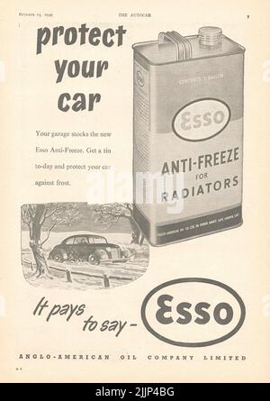 Protégez votre voiture anti-gel pour radiateurs une ancienne publicité d'Esso d'un magazine automobile britannique Banque D'Images