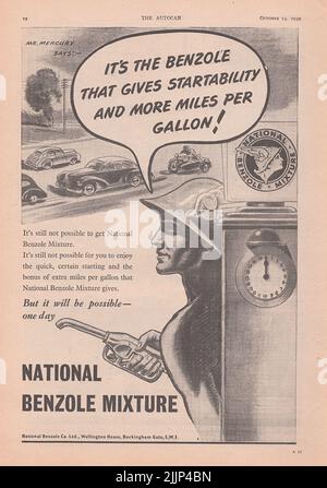Mélange national de benzole ancienne publicité d'un magazine automobile britannique 1949 Banque D'Images