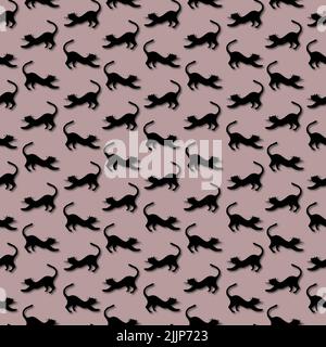 Silhouettes noires de chats, dessinées à la main, sur fond lilas. Motif sans couture provenant d'un grand Paris. Pour le tissu, les textiles, le papier d'emballage Banque D'Images