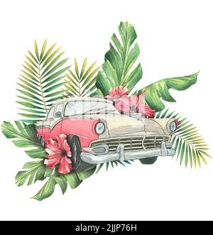 Voiture rétro dans les branches et les feuilles de palmier, avec des fleurs d'hibiscus. Illustration aquarelle. Composition d'un grand ensemble de CUBA. Pour la conception et Banque D'Images