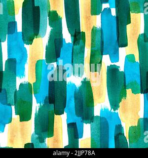 Taches d'aquarelle et coups de pinceau de couleur turquoise, bleu et ocre. Illustration aquarelle, motif sans couture, simple, abstrait, en couleurs marines Banque D'Images