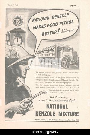 Mélange national de benzole ancienne publicité d'un magazine automobile britannique 1949 Banque D'Images