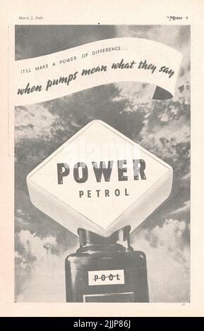 Publicité ancienne de Power essence d'un magazine automobile britannique Banque D'Images