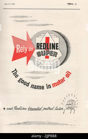 Faites confiance à Redline super motoroil vieille publicité d'un magazine automobile britannique 1949 Banque D'Images