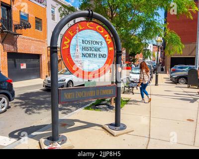 Bienvenue au panneau North End Historic District à Causeway Street et Endicott Street, Boston, Massachusetts ma, USA. Banque D'Images