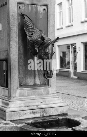 Une photo verticale d'une fontaine à la tête d'un cheval dans la rue Brugge, en Belgique Banque D'Images