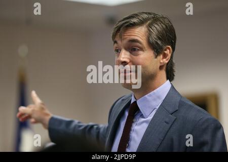 L'avocat d'Alex Jones, ANDINO REYNAL, présente sa déclaration d'ouverture au jury mardi, 26 juillet 2022, au palais de justice du comté de Travis. Jones a été trouvé pour avoir diffamé les parents d'un étudiant de Sandy Hook pour avoir appelé l'attaque un canular. Crédit: Briana Sanchez/PISCINE Banque D'Images