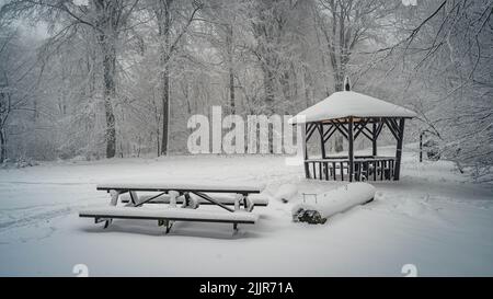 Une belle forêt avec un banc en bois et un belvédère couvert de neige Banque D'Images