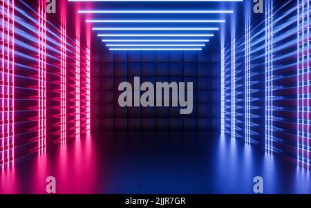 Lignes de néon brillantes et cubes disposés de manière aléatoire dans la pièce sombre, rendu 3D. Dessin numérique informatique. Banque D'Images