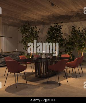 Cuisine ouverte de luxe et salle à manger avec éclairage de nuit, plantes vertes, sol en pierre, plafond en bois. 3d rendre l'illustration de l'intérieur de l'appartement. Banque D'Images