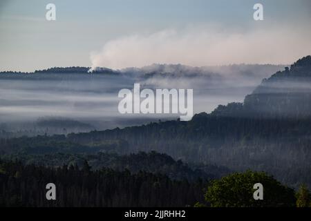 Schmilka, Allemagne. 28th juillet 2022. Des nuages de fumée des zones forestières en feu traversent le parc national de la Suisse saxonne. Crédit : Robert Michael/dpa/Alay Live News Banque D'Images