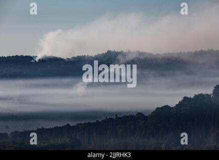 Schmilka, Allemagne. 28th juillet 2022. Des nuages de fumée des zones forestières en feu traversent le parc national de la Suisse saxonne. Crédit : Robert Michael/dpa/Alay Live News Banque D'Images