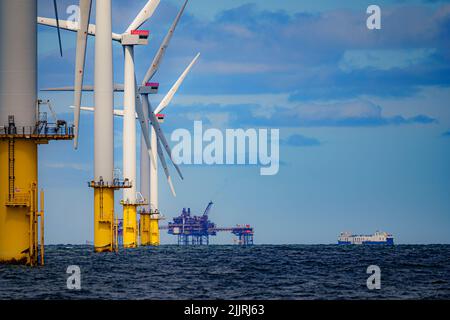 Gwynt y Mor de RWE, le 2nd plus grand parc éolien offshore du monde, situé à 13 kilomètres au large de Liverpool Bay, au large des côtes du Nord du pays de Galles. Date de la photo: Mardi 26 juillet 2022. Banque D'Images