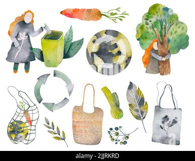 Collection d'articles ou de produits durables et réutilisables Zero Waste : pots en verre, sacs d'épicerie écologiques, couverts en bois, peigne, brosse à dents et brosses, thermo Banque D'Images