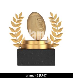 Lauréat du prix Cube Gold Laurel Wreath Podium, Stage ou piédestal avec Golden Classic Old Leather Rugby ball sur fond blanc. 3D rendu Banque D'Images