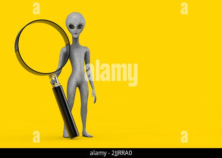 Personnage de dessin animé Alien gris d'effrayant Mascot avec loupe sur fond jaune. 3D rendu Banque D'Images