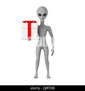 Personnage de cartoon Alien humanoïde gris effrayant Mascot et boîte cadeau avec ruban rouge sur fond blanc. 3D rendu Banque D'Images