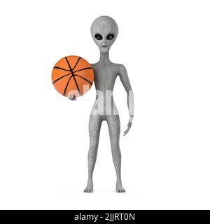 Personnage de personnage de cartoon Alien humanoïde gris effrayant Mascot avec ballon de basket-ball sur fond blanc. 3D rendu Banque D'Images