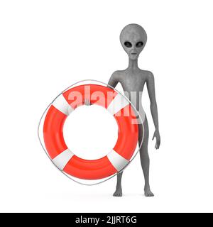 Personnage personnage de cartoon Alien humanoïde gris effrayant Mascot avec bouée de vie sur fond blanc. 3D rendu Banque D'Images