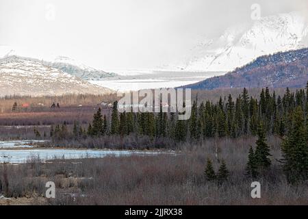 Une vue panoramique d'une petite ferme entourée d'arbres près de la rivière Knik à Palmer, en Alaska Banque D'Images