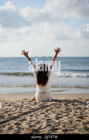 Vue arrière d'une jeune femme qui profite de son temps sur la plage Banque D'Images