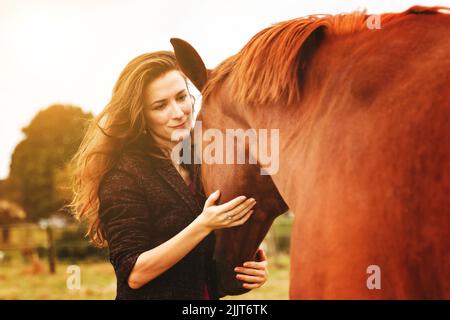 Gros plan d'une femme qui pète un cheval dans un parc verdoyant avec coucher de soleil en arrière-plan à Bruchkoebel, en Allemagne Banque D'Images