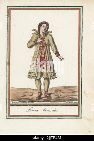 Femme samoyedique de Sibérie: Nenets, Enets, Nganasans ou Selkups. Parka doublée de fourrure ou manteau à capuche et leggings en peaux d'animaux (chien, renard, renne et loup) décorés de broderies, sous-maillot, ceinture à franges, bootlets. Femme Samoyede. Gravure en copperplate de couleur main par J. Laroque d'après un dessin de Jacques Grasset de Saint-Sauveur de son Encyclopédie des voyages, Encyclopédie des voyages, Bordeaux, France, 1792. Banque D'Images