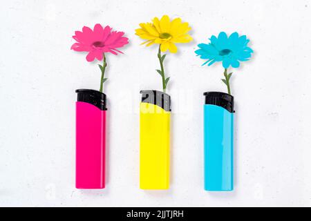 Collage composite illustration des fleurs croissance trois briquets colorés au lieu de la flamme isolé sur fond clair Banque D'Images