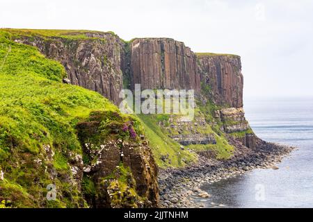 Île de Skye, Kilt Rock et ses colonnes de basalte qui sont semblables à un kilt avec des faux-plis, Écosse, Royaume-Uni Banque D'Images